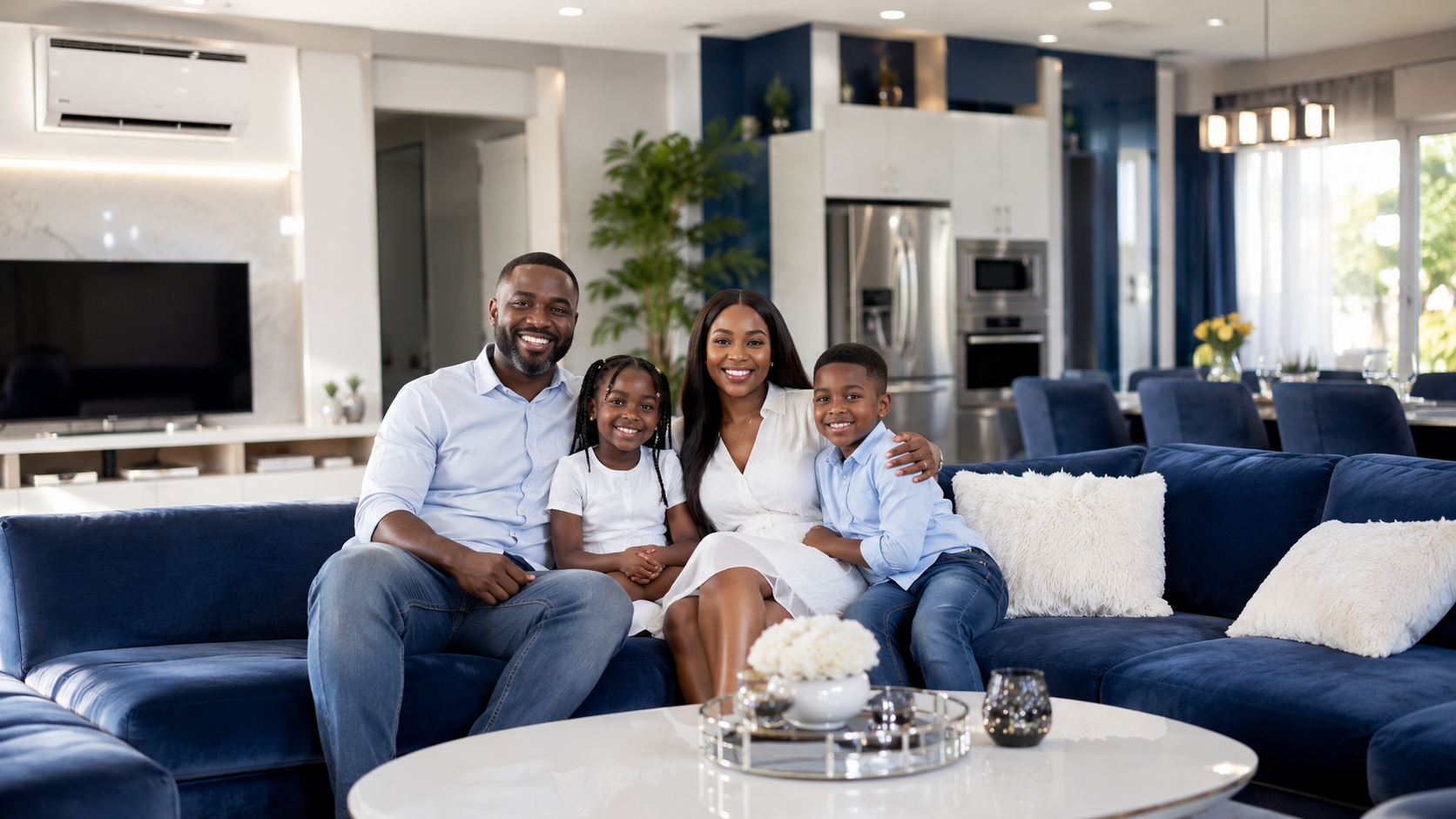 Nigerian family enjoying reliable home appliances in a modern home.