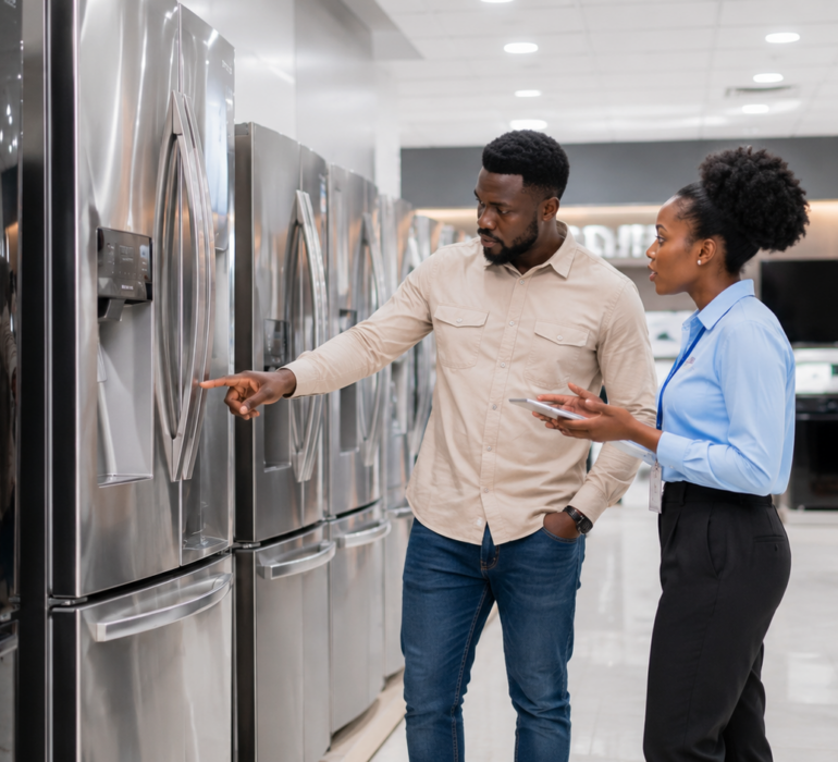 Customer comparing refrigerator options in a modern appliance showroom.