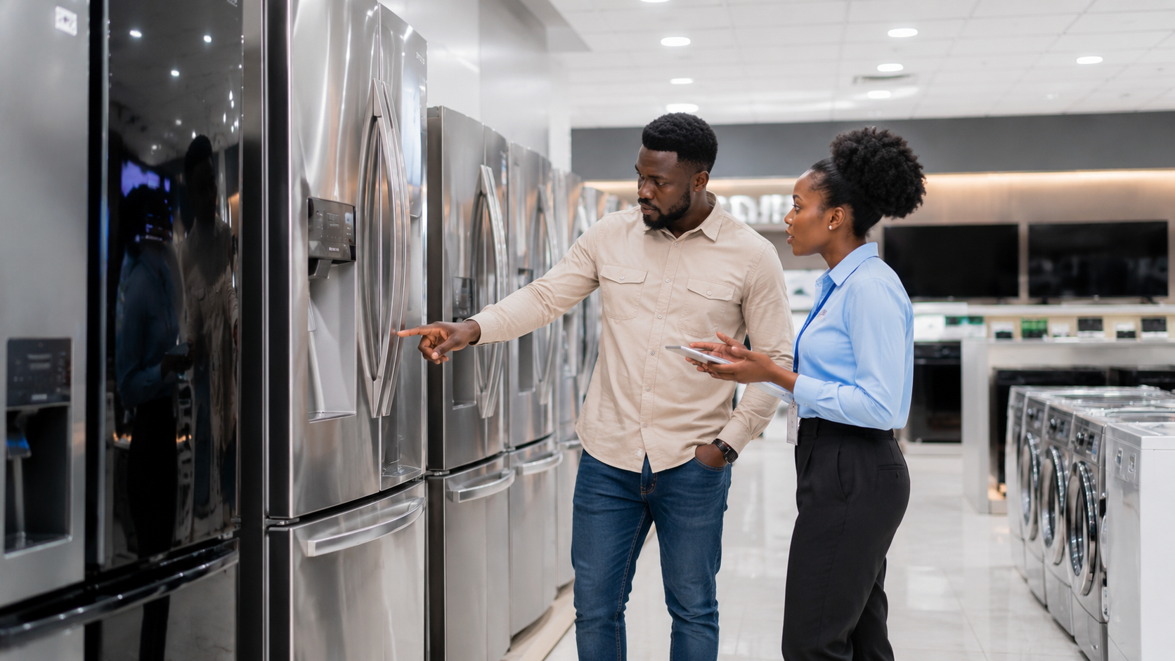 Customer comparing refrigerator options in a modern appliance showroom.