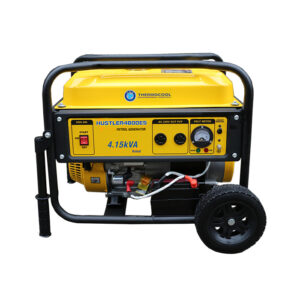 Hustler 4800ES. 4.1kVA/3.3kW.Single phase petrol generator. 4 stroke, OHV, forced air cooled, electric start, 223cc single cylinder engine. Suitable for medium loads. E.g. lightings, TV, Fans, Fridge, medium AC