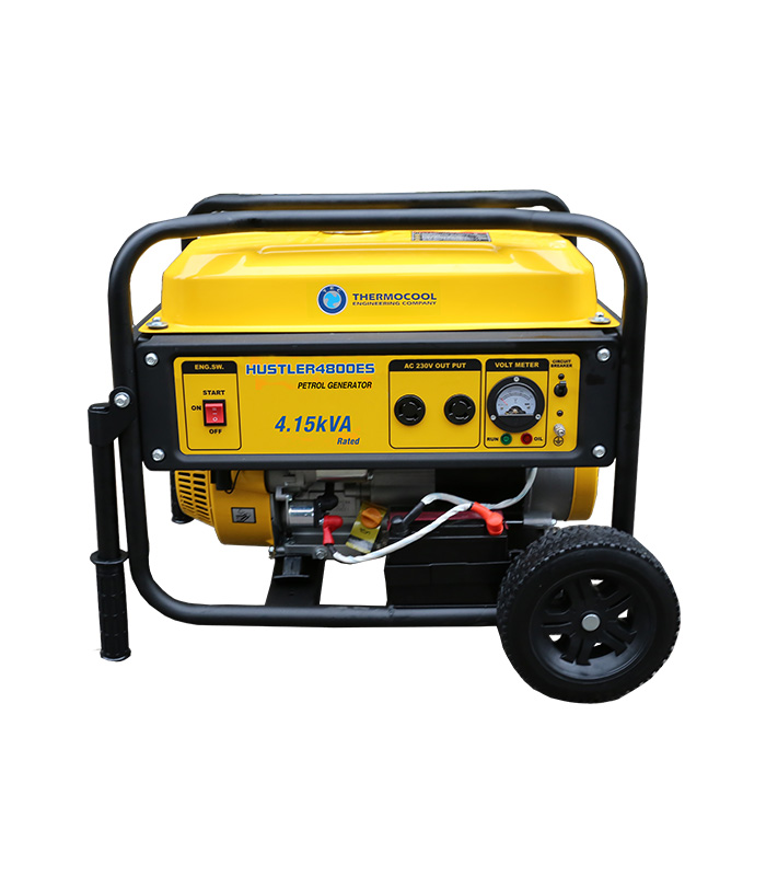 Hustler 4800ES. 4.1kVA/3.3kW.Single phase petrol generator. 4 stroke, OHV, forced air cooled, electric start, 223cc single cylinder engine. Suitable for medium loads. E.g. lightings, TV, Fans, Fridge, medium AC