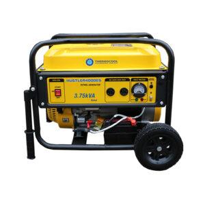 Hustler 4000ES. 3.75kVA/3.0kW. Single phase petrol generator. 4 stroke, OHV, forced air cooled, electric start, 223cc single cylinder engine. Suitable for medium loads. E.g. lightings, TV, Fans, Fridge, small AC