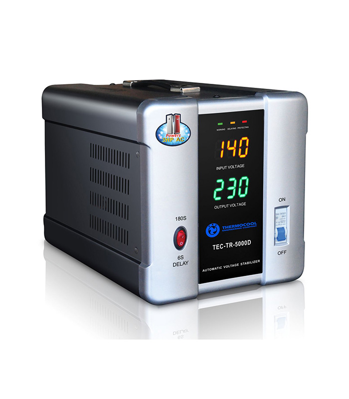 5000watts free standing Voltage Stabilizer. Digital Display. 6s or 180s delay start option. Wide input voltage range. Square transformer. Resettable overload switch and cooling fan. Recommended for Airconditioners or large freezers or refrigerators and all types of electronics home appliances