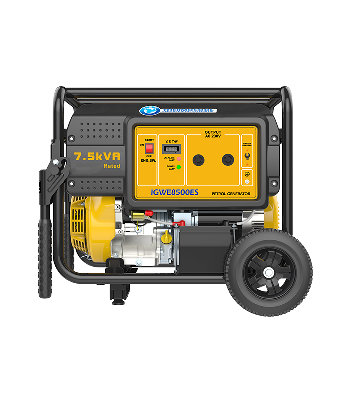 Igwe 8500ES. 7.5kVA/6kW. Single phase petrol generator, 4 stroke, OHV, forced air cooled, electric start 420cc single cylinder engine. Suitable for heavy loads. E.g. lightings, TV, Fans, Fridge, Freezer and big ACs