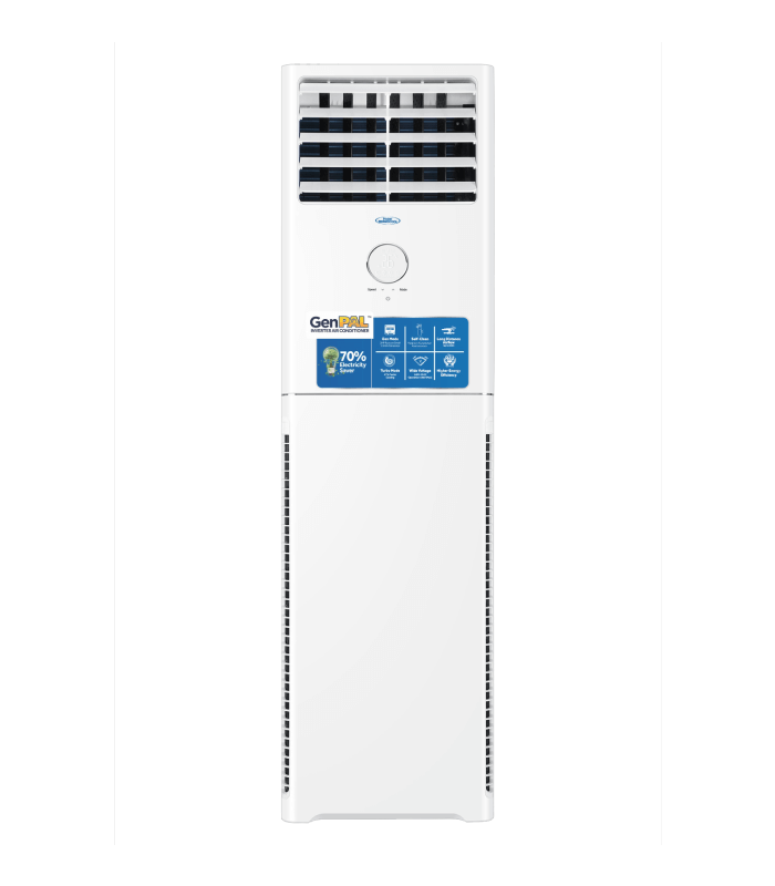2hp GenPAL Floor Standing Inverter Air Conditioner. Perfect for medium-to-large sized spaces,offering powerful yet energy efficient cooling. 70% elelctricity savings. Self-Cleaning Evaporator, ECO mode operation. Earth friendly R32 refrigerant.