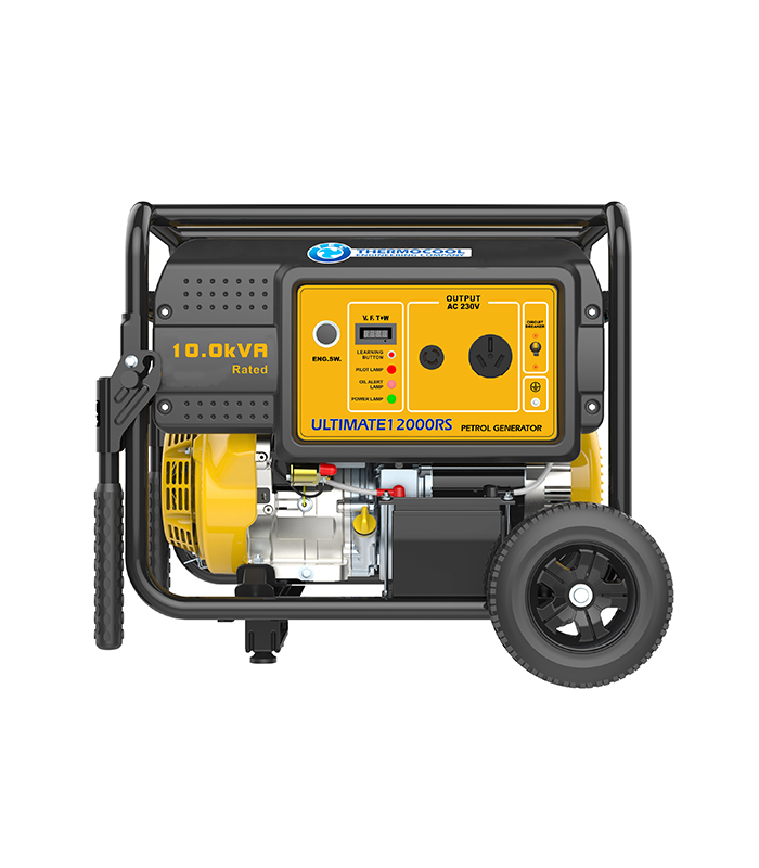 Ultimate 12000RS. 10.0kVA/8.0kW.Single phase petrol generator, 4 stroke, OHV, forced air cooled, remote control start, 460cc single cylinder engine. Suitable for very heavy loads. E.g. lightings, TV, Fans, Fridge, Freezer and big ACs